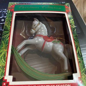 Vintage Plastic Grey Rocking Horse Christmas Collection Ornament